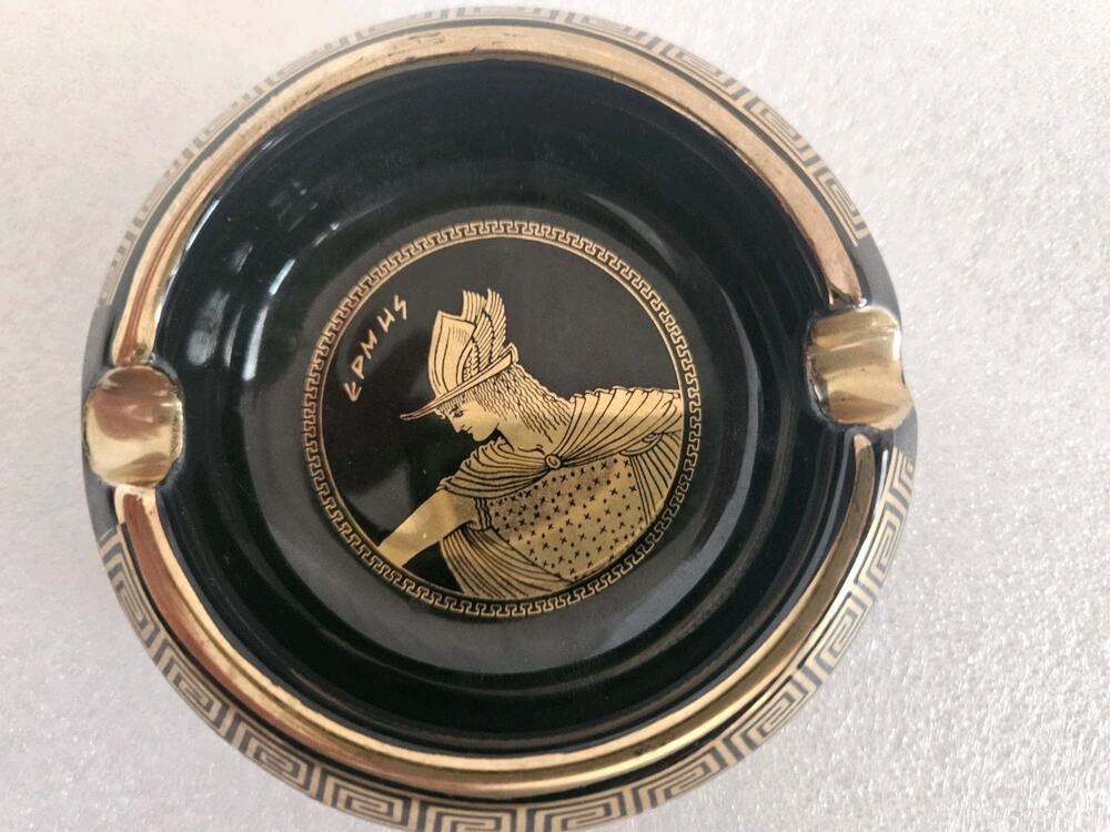 Vintage Ashtray 24k Handmade Hand Painted Greek Key 4in Athens Greece
